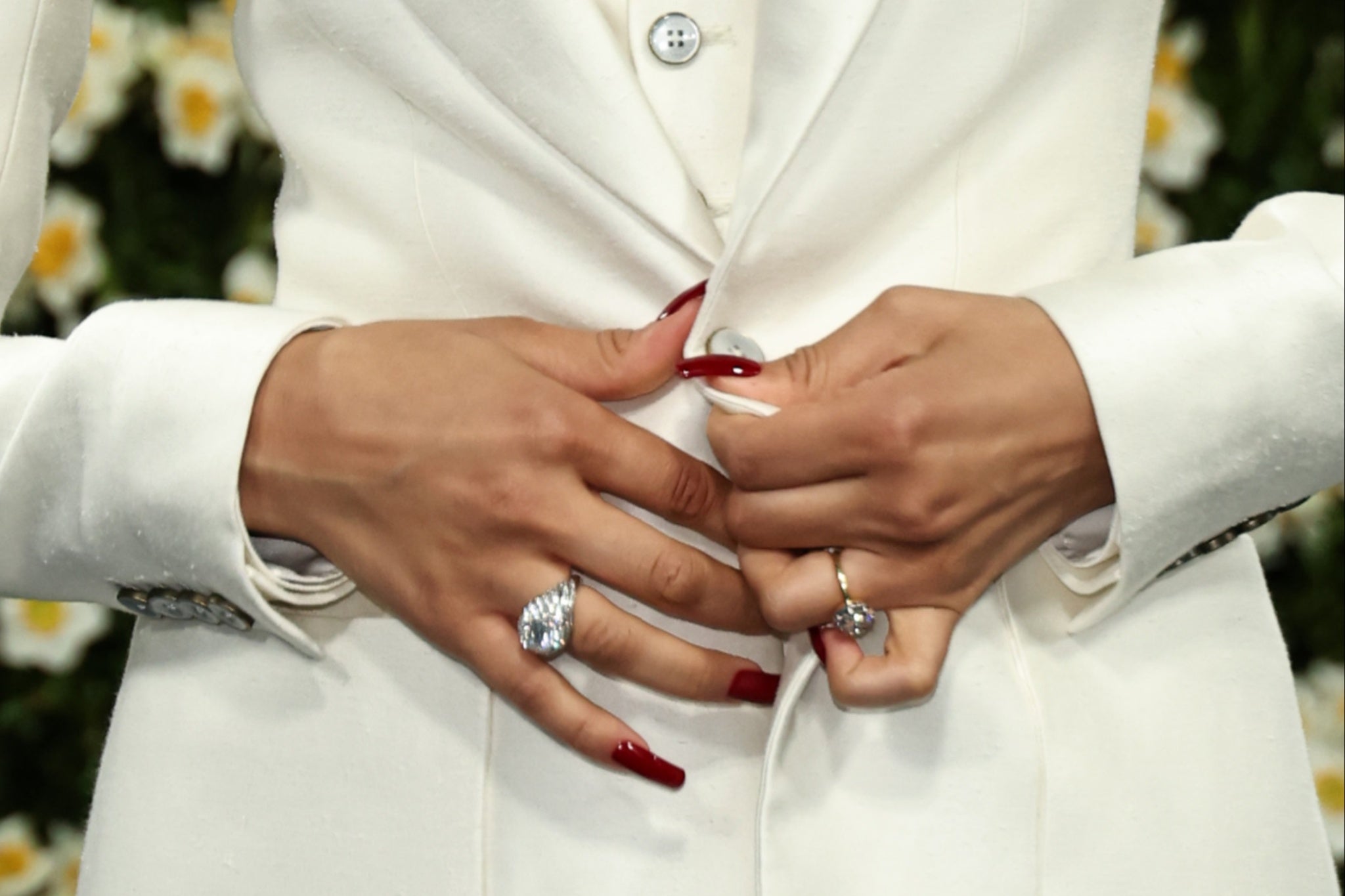 Zendaya, of course, wore her sparkling engagement ring (on the right) after confirming her engagement to Tom Holland in January