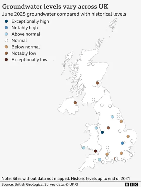 Map of the UK with coloured dots on, which denote measurements of groundwater levels. The picture is varied, with some browns (below normal, notably low or exceptionally low), some whites (normal) and a few blues (above normal, notably high or exceptionally high). In the South East, measurements are closer to normal.