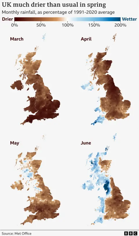 Four maps of the UK showing rainfall levels for March, April, May and June versus the long-term average for that month. Almost all of the country saw much lower rainfall for March, April and May, shown by brown shading. Only small areas had higher than average rainfall: Northern Ireland, south-west Wales and south-west England in April and parts of western Scotland and north-west England in May. In June there was a sharp west-east divide: Northern Ireland, Wales, western Scotland and north-west and south-west England above usual, marked by blues; and the rest of the country below usual in brown.